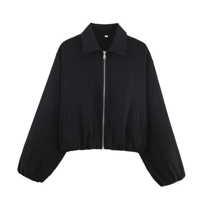 Women Polka Dot Cropped Bomber Jacket in Retro Look with Shirt Collar and Elastic Hem Mune Fashion