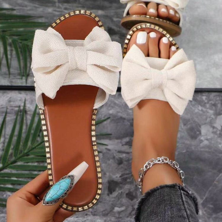 Women Flat Slippers with Oversized Bow, Gold Trim Decoration and Padded Comfort Insole Mune Fashion