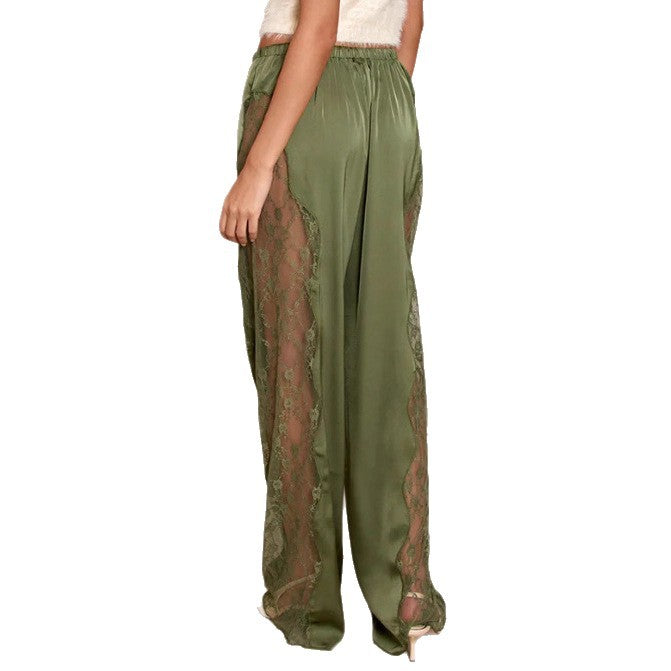 Women satin trousers with side lace inserts, wide leg and drawstring Mune Fashion