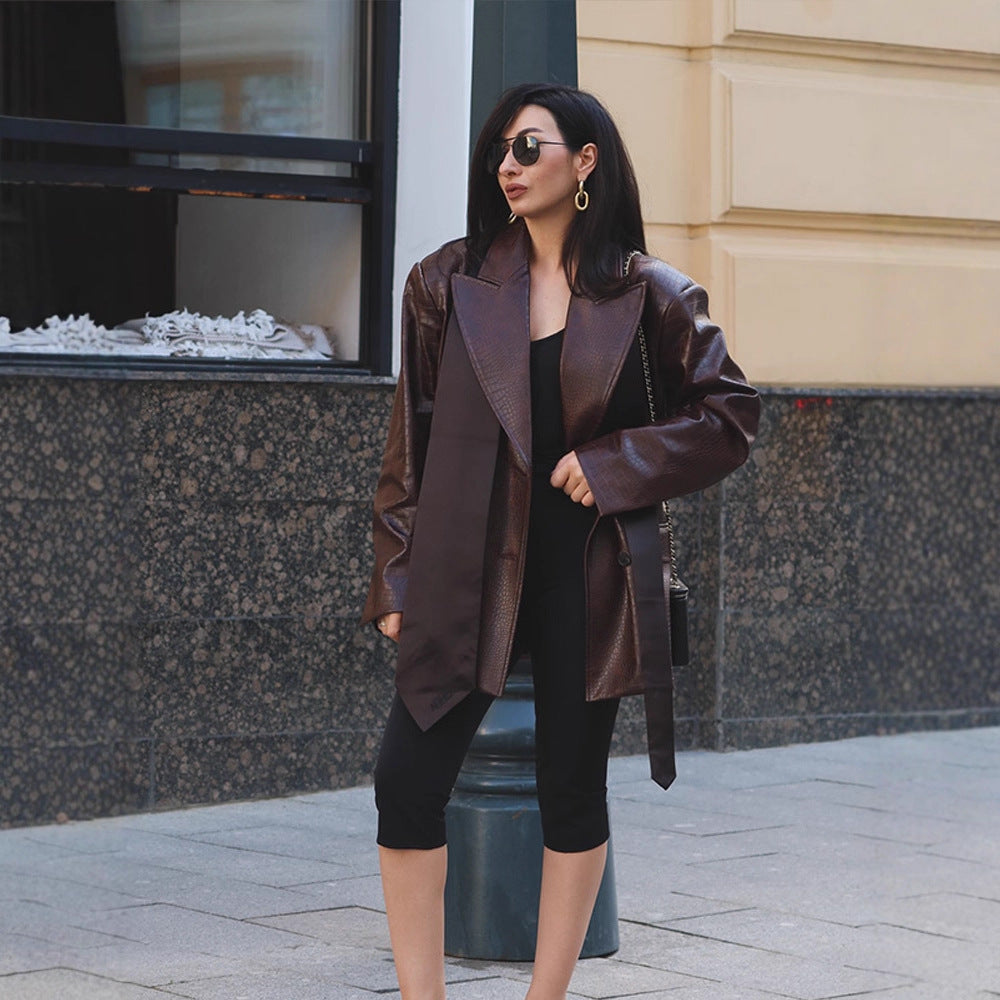 Ladies Oversized Blazer Coat in Crocodile Embossing with Shawl Collar and Tie Belt Mune Fashion