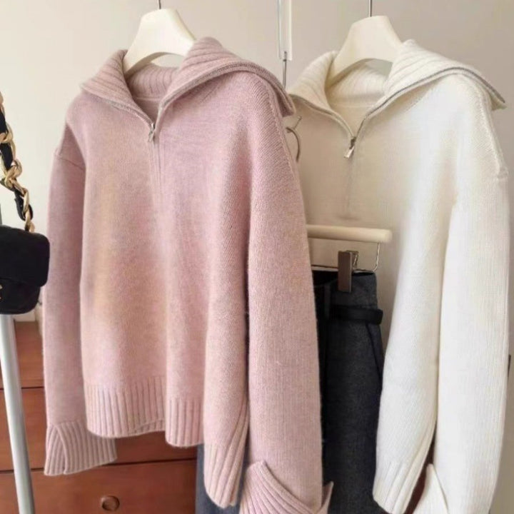 Women's Oversized Fine Knit Sweater with Half Zipper and Wide Turtleneck Mune Fashion