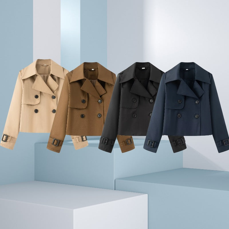 Women Cropped Double-breasted Trench Coat with Wide Lapels and Adjustable Cuffs Mune Fashion