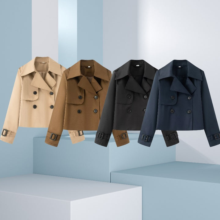 Women Cropped Double-breasted Trench Coat with Wide Lapels and Adjustable Cuffs Mune Fashion