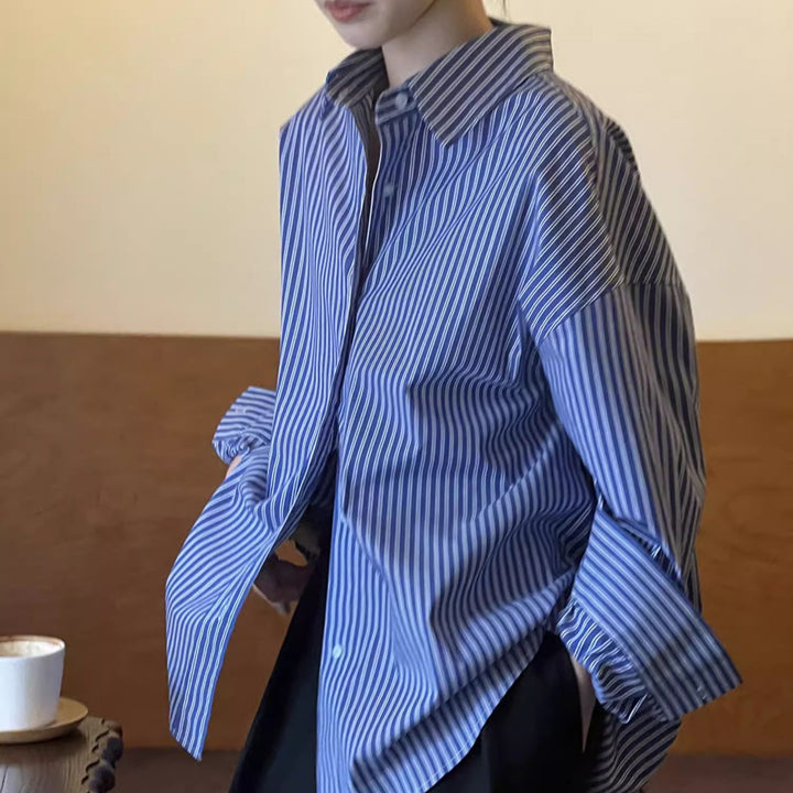 Women Oversized Long Sleeve Shirt Blouse with Vertical Stripes and Loose Fit Mune Fashion