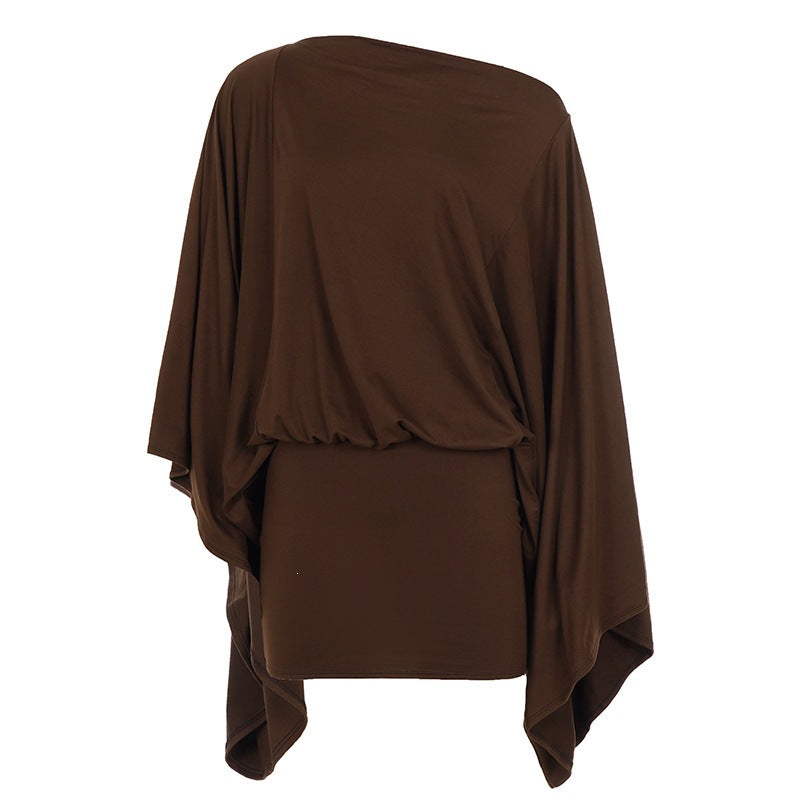 Women's asymmetrical one-shoulder tunic with batwing sleeves and fitted waistband Mune Fashion