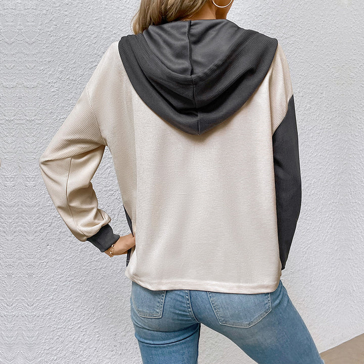 Women's Colorblock Hoodie with Waffle Texture, Button Placket and Chest Pocket Mune Fashion
