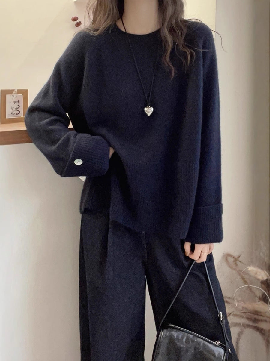 Women's Oversized Fine Knit Sweater with Wide Ribbed Hem, Extra Wide Sleeve Cuffs and Decorative Button Mune Fashion