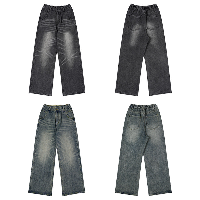 Men's Wide Denim Jeans in Retro Workwear Look with Distinctive Whisker and Pleat Accents Mune Fashion