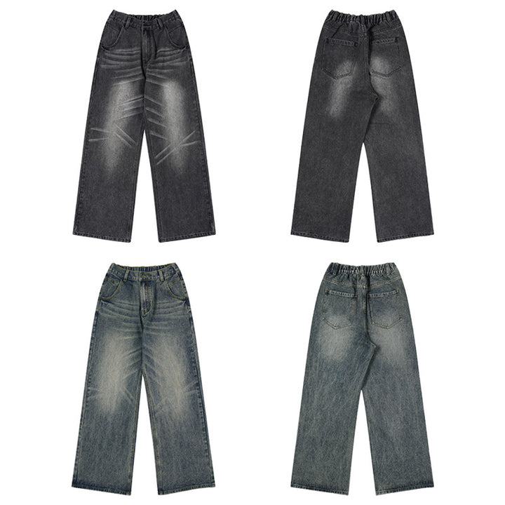 Men's Wide Denim Jeans in Retro Workwear Look with Distinctive Whisker and Pleat Accents Mune Fashion