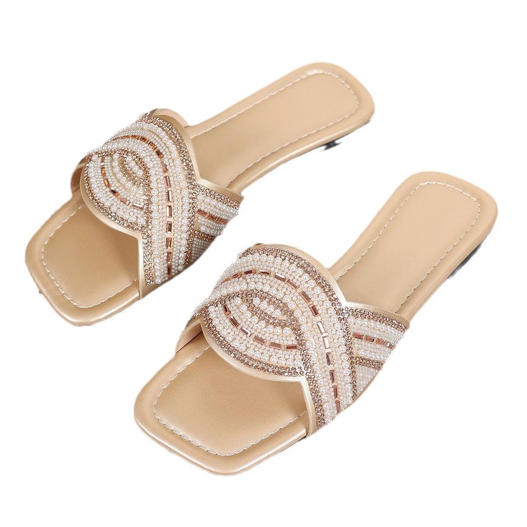 Ladies Decorated Pearl and Rhinestone Slides with Square Toe Box and Flat Sole Mune Fashion