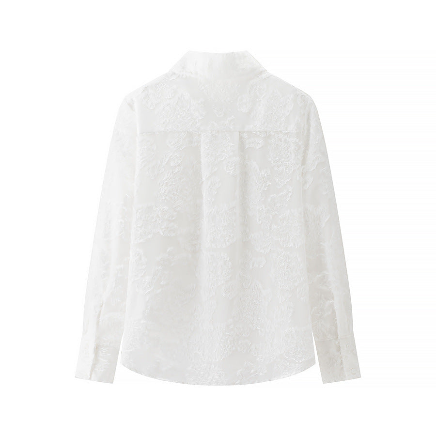 Women's sheer floral Jacquard blouse with shirt collar and full button placket Mune Fashion