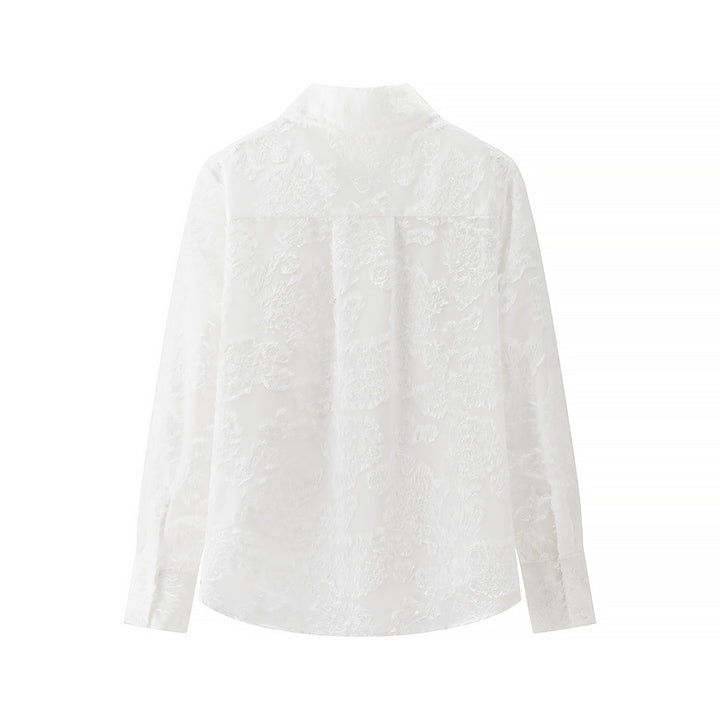 Women's sheer floral Jacquard blouse with shirt collar and full button placket Mune Fashion