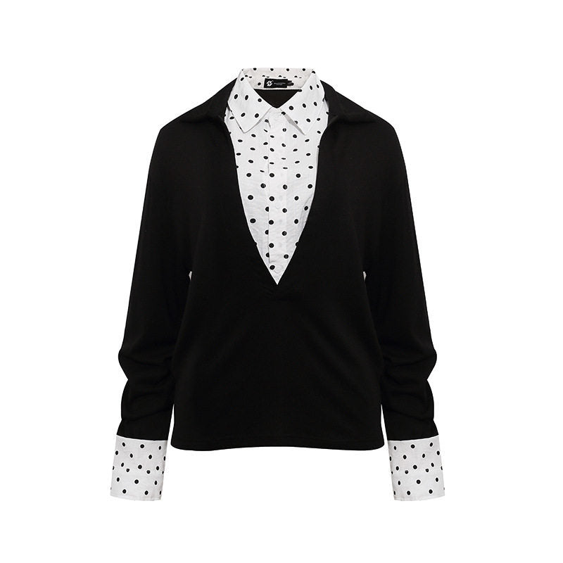 Women Layered Long Sleeve Shirt with Deep V-Neck, Attached Placket and Polka Dot Details Mune Fashion