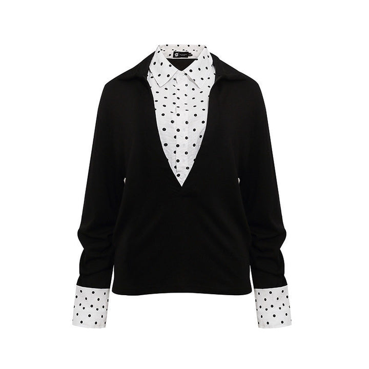 Women Layered Long Sleeve Shirt with Deep V-Neck, Attached Placket and Polka Dot Details Mune Fashion
