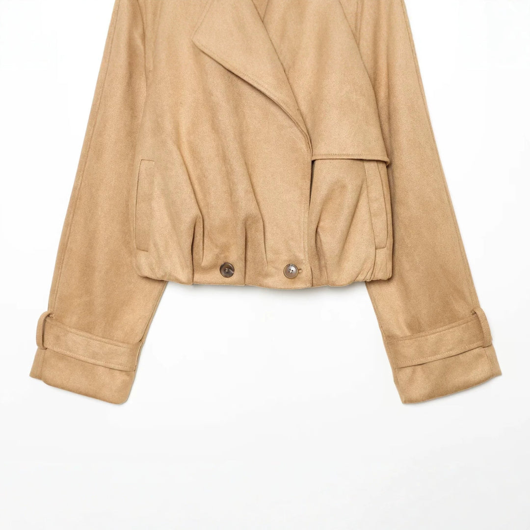Women Short Cut Trench Jacket in Suede Look with Epaulettes and Buckle Cuffs Mune Fashion