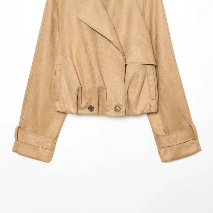 Women Short Cut Trench Jacket in Suede Look with Epaulettes and Buckle Cuffs Mune Fashion