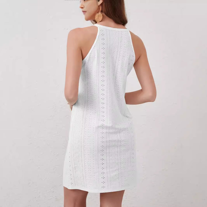 Women's sleeveless mini dress with neckholder, eyelet embroidery and floral crochet appliqué Mune Fashion