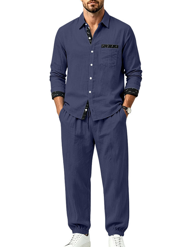 Men's Lightweight Cotton Loungewear Two-Piece Set with Shirt and Drawstring Joggers Mune Fashion
