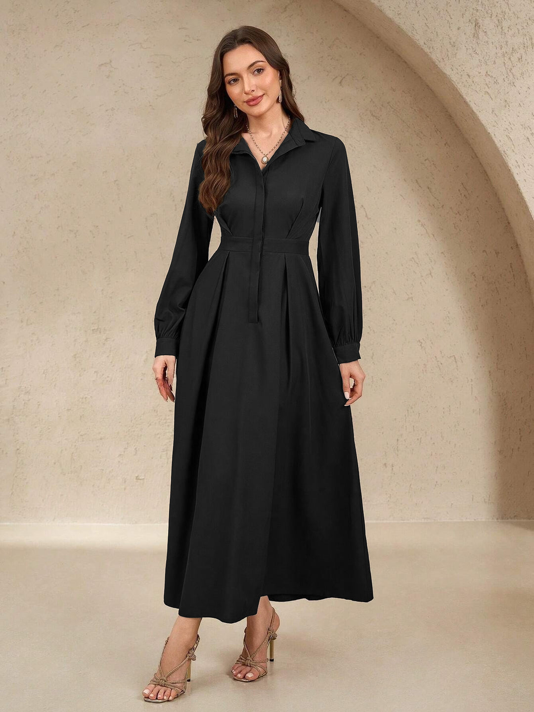 Ladies long shirt dress with waist belt, concealed button placket and balloon sleeves Mune Fashion