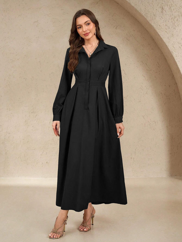 Ladies long shirt dress with waist belt, concealed button placket and balloon sleeves Mune Fashion