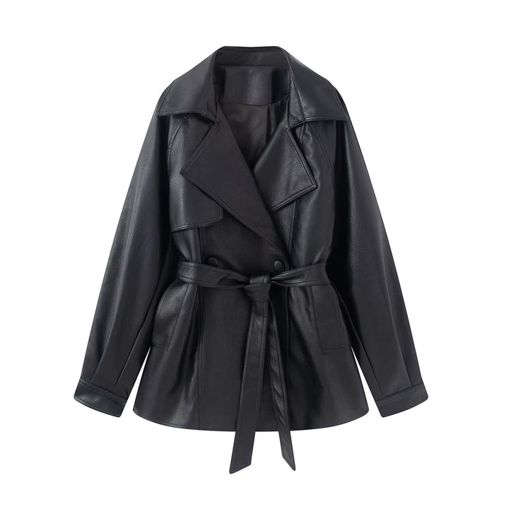 Women Tailored Short Trench in Synthetic Leather with Tie Belt Mune Fashion