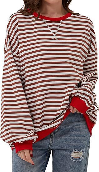 Women Casual Oversized Stripe Sweatshirt with Raglan Sleeves and Contrast Cuffs Drune