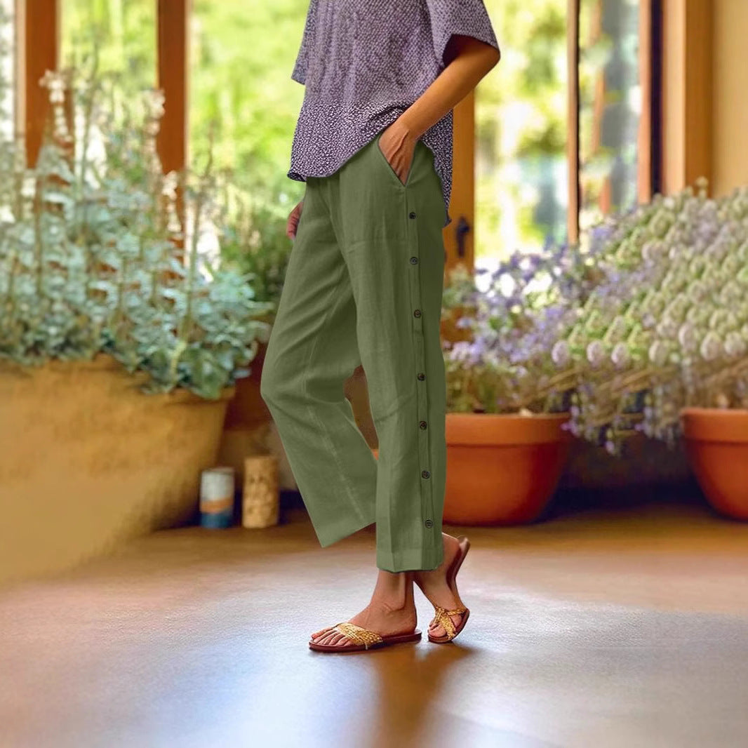 Women Light Linen Blend Pants with Side Button Placket and Straight Cropped Cut Mune Fashion