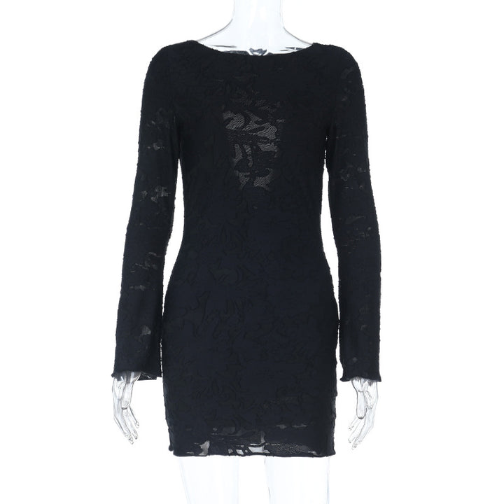 Women's body-hugging lace mini dress with floral transparency and round neckline Mune Fashion