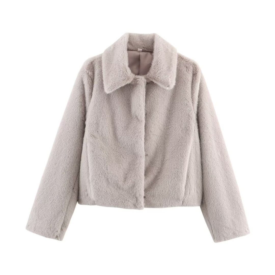 Women's Boxy Faux Fur Short Jacket with Classic Shirt Collar and Velvety Lining Mune Fashion