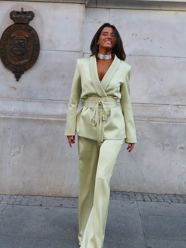 Women's Satin Two-Piece with Fitted Wrap Blazer and Wide Palazzo Pants Mune Fashion
