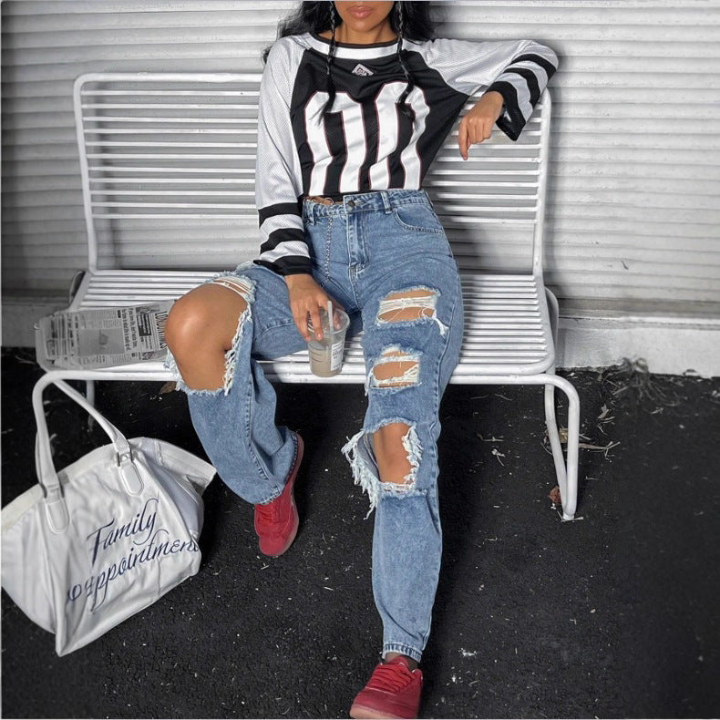 Womens High-Waisted Destroyed Baggy Jeans with Wide Leg and Knee Rips Mune Fashion