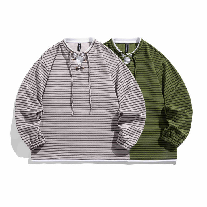Unisex Striped Waffle Knit Pullover with Lace-up Closure and Raglan Sleeves Mune Fashion