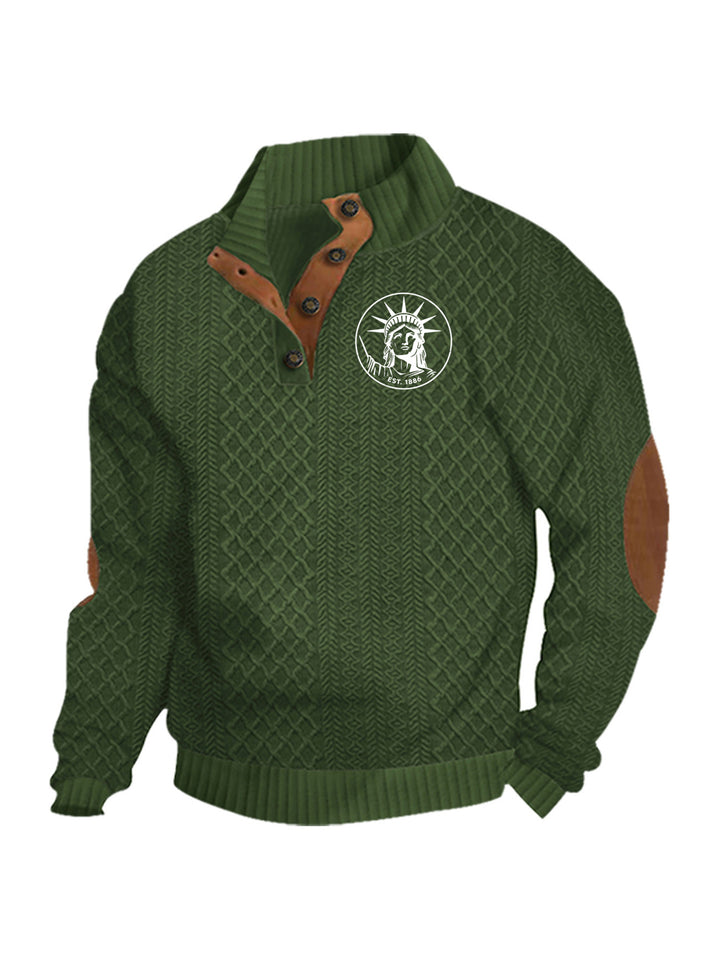 Men's nan Heritage textured pullover with stand-up collar faux leather trim elbow patches and half-button placket Mune Fashion