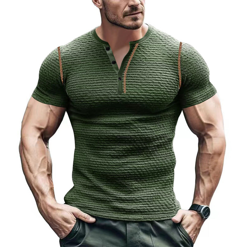 Men's body-hugging structured short-sleeve Henley with contrasting shoulder piping Mune Fashion