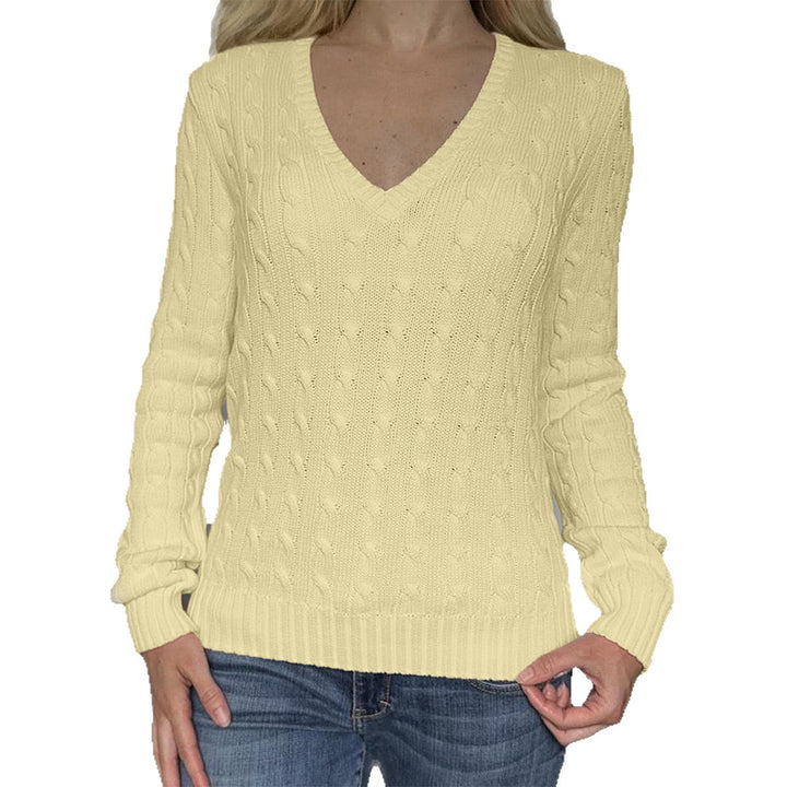 Women's nan premium cotton blend cable knit pullover with deep V-neck and fitted silhouette Mune Fashion