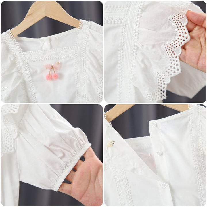 Girls blouse with playful ruffle design and artistic crochet decoration Mune Fashion