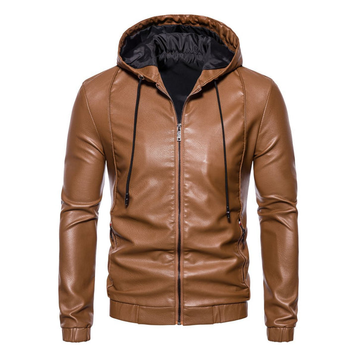 Men's Hooded Leather Jacket in Biker Style with Zipper and Slim Silhouette Mune Fashion