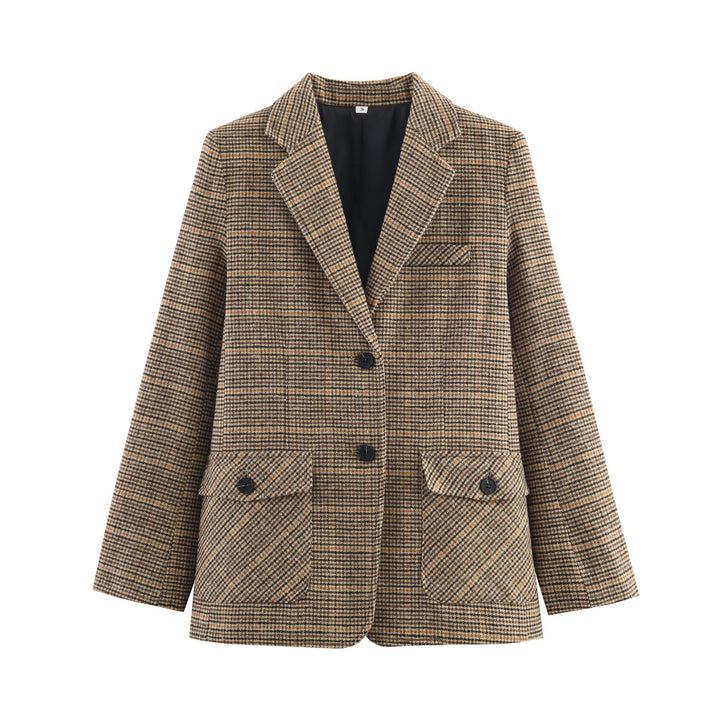 Women's Glencheck Blazer with Notch Lapels, Patch Pockets and Tailored Silhouette Mune Fashion