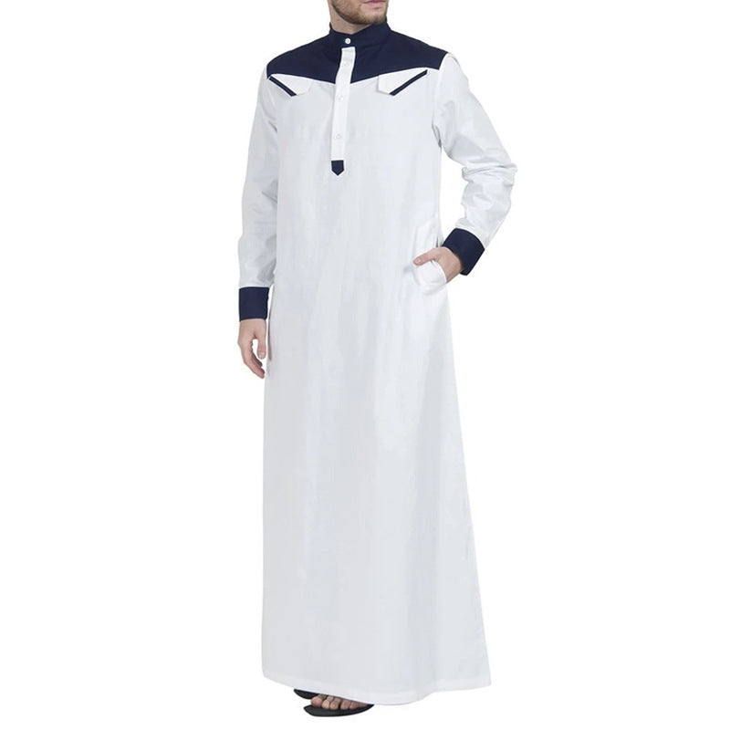 Men's long thobe with contrasting shoulder yoke, stand collar, and side pockets Mune Fashion
