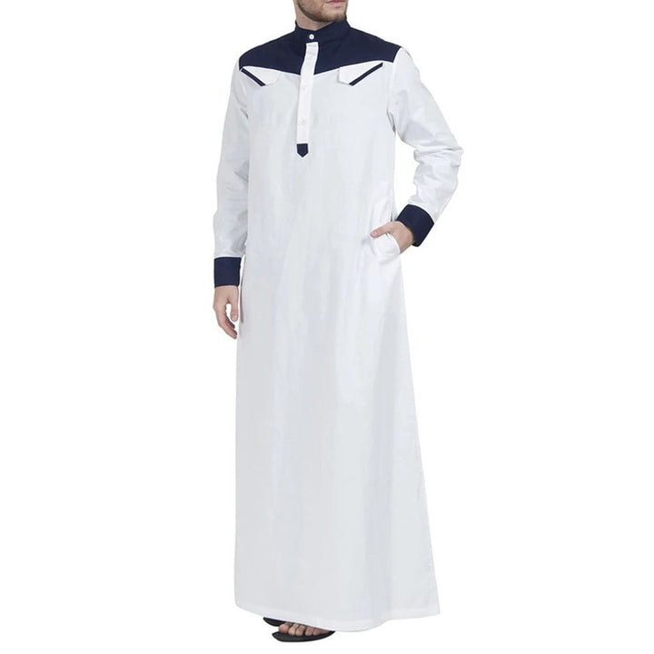Men's long thobe with contrasting shoulder yoke, stand collar, and side pockets Mune Fashion