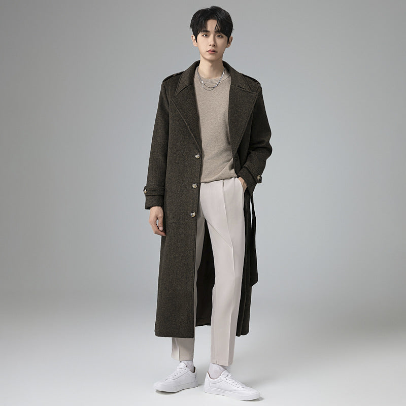 Men's maxi-length wool blend coat with tailored silhouette, shawl collar, and decorative shoulder straps Mune Fashion