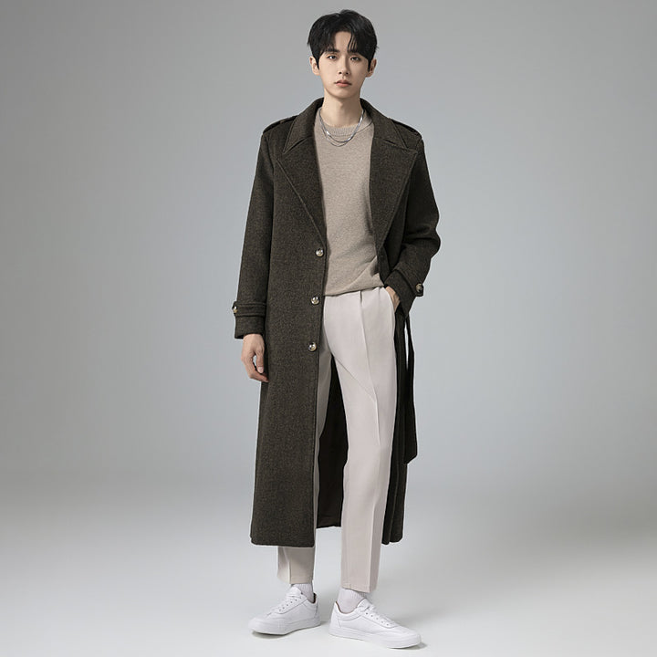 Men's maxi-length wool blend coat with tailored silhouette, shawl collar, and decorative shoulder straps Mune Fashion
