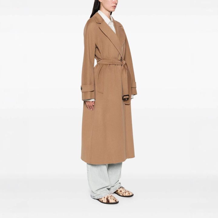 Women’s wrap coat made of wool blend with waist belt and oversized shoulder Mune Fashion