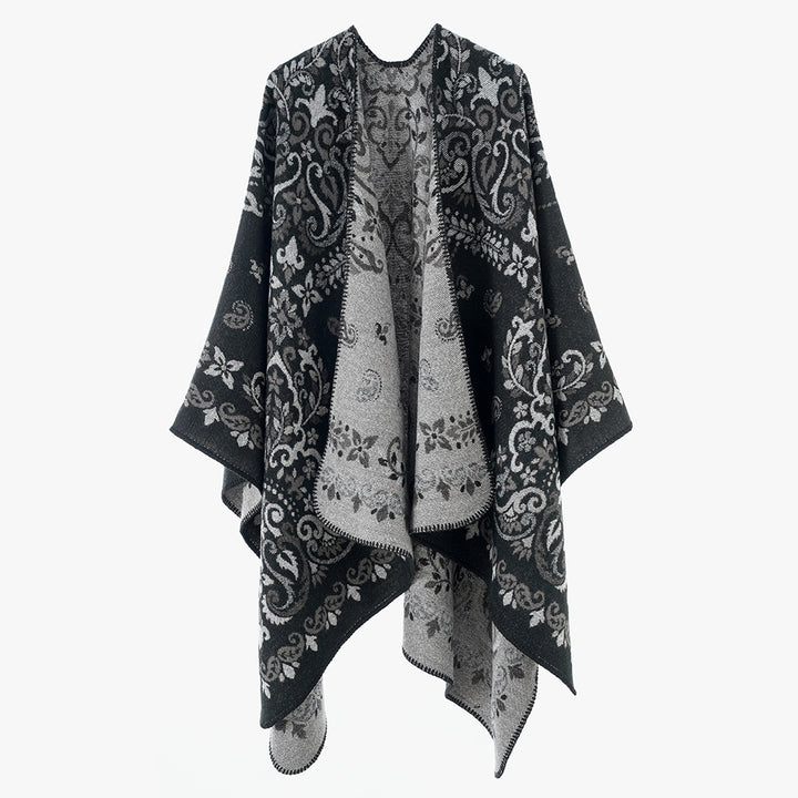 Women's Reversible Jacquard Cape Wrap with Ornamental Structure Mune Fashion