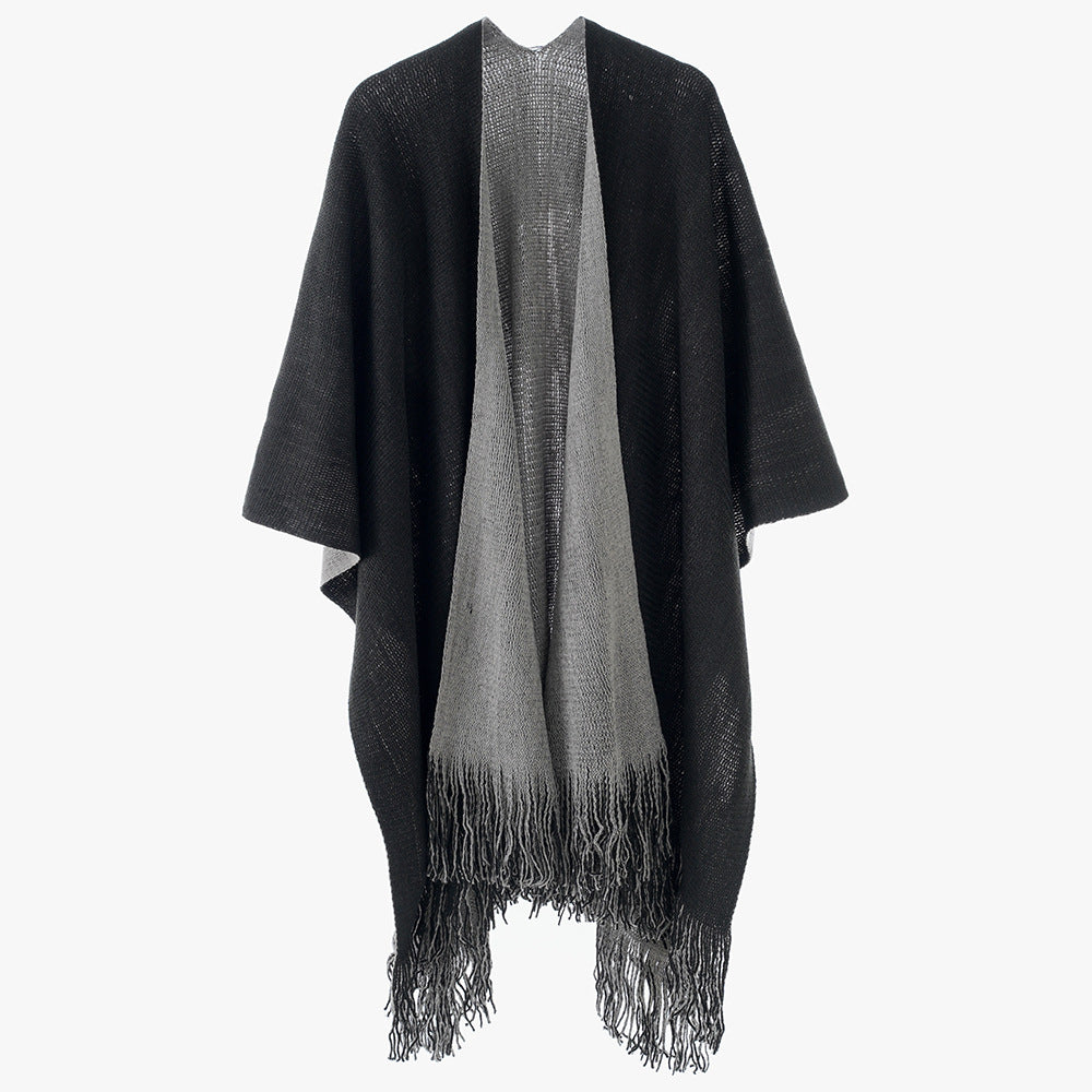 Women's Lightweight Oversized Knit Wrap in Cape Style with Fringe Hem Mune Fashion