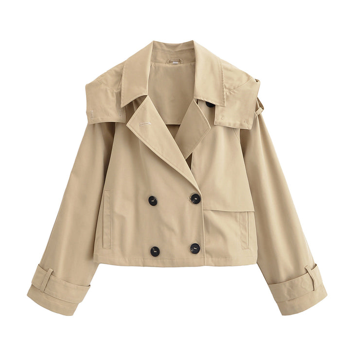 Women short jacket in trench coat style with double-breasted button placket and adjustable cuffs Mune Fashion