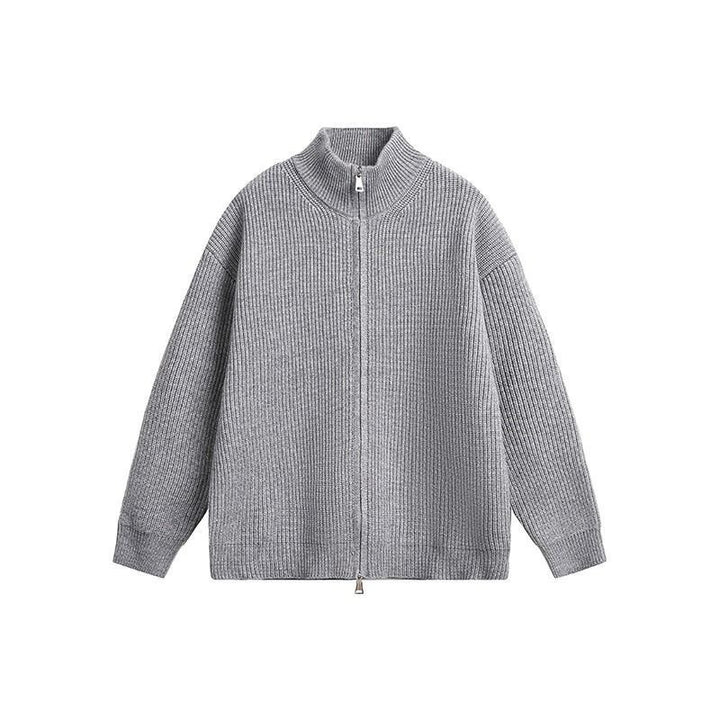 Unisex chunky knit zip jacket with stand-up collar and two-way zipper Mune Fashion