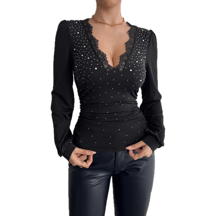 Women's tailored long sleeve shirt with deep lace décolletage, gathering, and crystal embellishment Mune Fashion