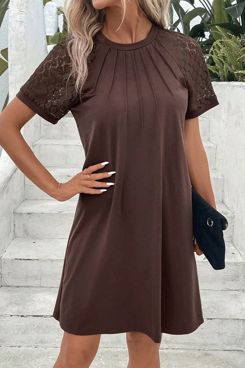 Women Short Sleeve Casual Dress with Pleated Top and Lace Inserts Mune Fashion
