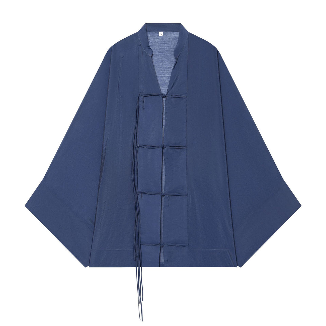 Women's Kimono-Cape Jacket with Chinese Button Closure and Long Tassels Mune Fashion